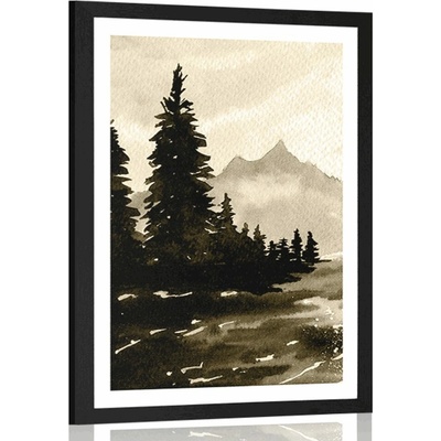 Plakát s paspartou umělecká krajina v sépiovém provedení - 20x30 silver