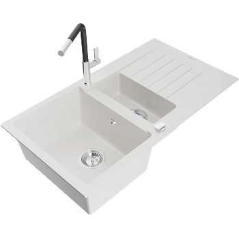 Mexen Matias кухненска мивка гранит 1, 5-камерна с отцедник и кухненски смесител Flora, бял - 6502-20-670401-07 (6502-20-670401-07)