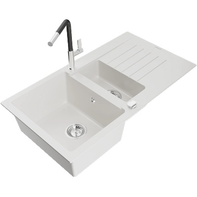 Mexen Matias кухненска мивка гранит 1, 5-камерна с отцедник и кухненски смесител Flora, бял - 6502-20-670401-07 (6502-20-670401-07)