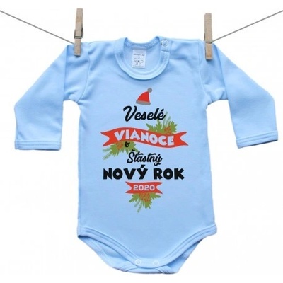 Boodyy Modré body s dlhým rukávom Veselé Vianoce a šťastný nový rok