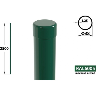 Plotový stĺpik 250 cm, priemer 38 mm, hr. steny 1,25 mm, machová zelená