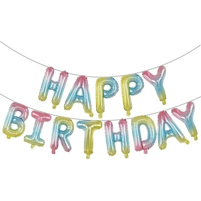 Fóliový balónek nápis Happy Birthday duhový světlý