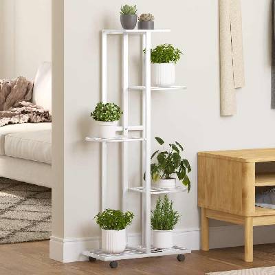 vidaXL 5-етажна стойка за цветя с колелца 44x23x100 см, бяло желязо (343118)