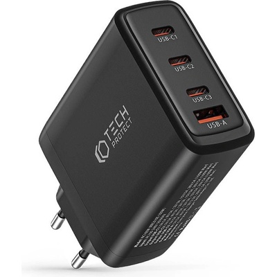 Tech-Protect Захранване за ел. мрежа за лаптопи, смартфони и таблети с 3xUSB-C и 1xUSB-A изходи с технология за бързо зареждане - Tech-Protect GaN Fast Wall Charger 100W (черен) (THP2168)