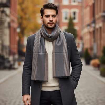 Мъжки кашмирен шал в бежово и сиво с райе