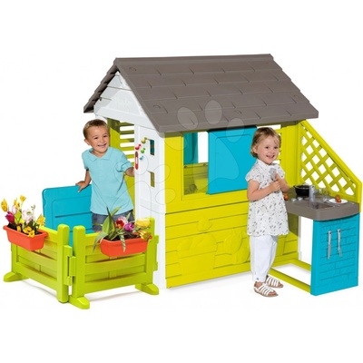 Smoby Domček s kuchynkou Pretty Blue modrá 3 okná a 2 žalúzie s okenicou so zvončekom a záhradkou