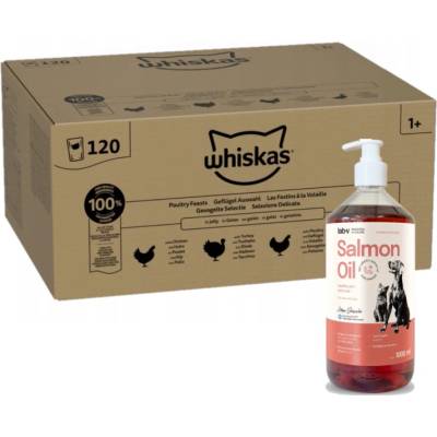 Whiskas Drůbeží hostina 120x85 g Mokré krmivo pro dospělé kočky v želé + Lab-v Lososový olej 1000 ml