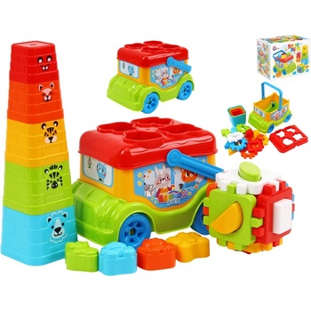 Mikro trading vkládačka Autobus 20 cm + pyramida skládací kalíšky 5 ks a kostka vkládací