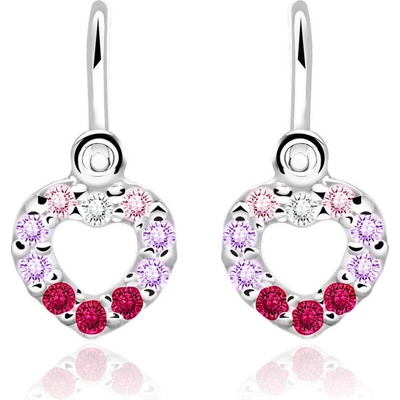 Duppi detské náušnice srdiečka DU 70508 z bieleho zlata s kamienkami bielymi ružovými fialovými a rubínovo červenými zapínánie brizúra