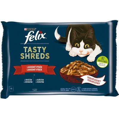 Felix Tasty Shreds hovädzie a kura v šťave 4 x 80 g