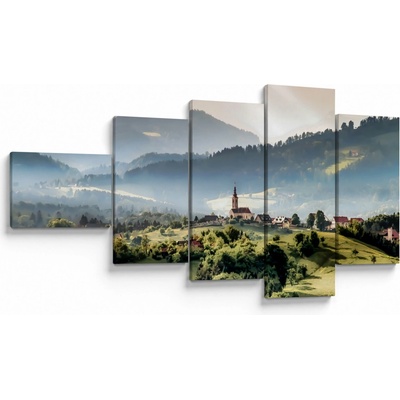 Obraz - vesnička v mlze, pětidílný 110x60 cm