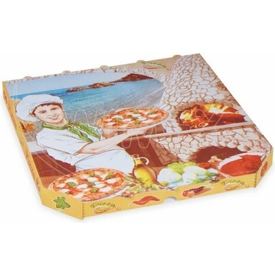 Krabice na pizzu (mikrovlnitá lepenka) E6 bílá s potiskem 33 x 33 x 3 cm [100 ks]
