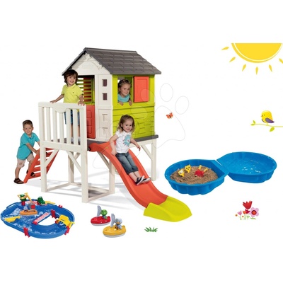 Smoby set domeček na pilířích Pilings House s 1,5 m skluzavkou a pískoviště Mušle s vodní dráhou a loďkami 810800-28