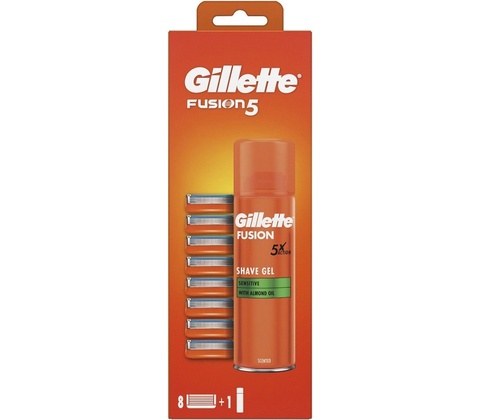 Gillette Fusion 5 náhradní hlavice 8 ks + Fusion gel na holení 200 ml dárková sada