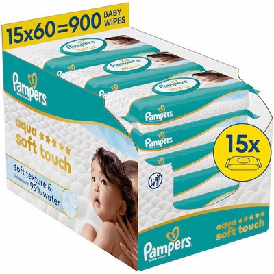 PAMPERS Мокри кърпички Pampers Harmonie Aqua, 0% пластмаса, 15 пакета x 60, 900 броя