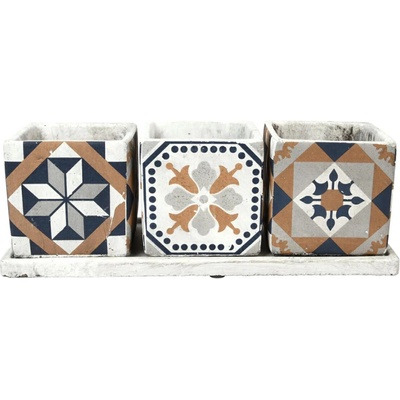 Esschert Design BETONOVÝ květináč S MISKOU AZULEJOS SADA 3KS 12,5X36X13 CM VÍCEBAREVNÁ