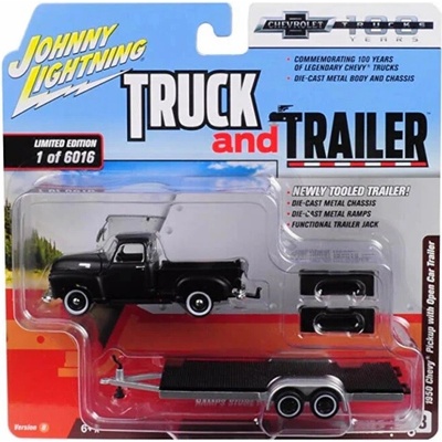 Chevrolet Pickup Truck 1950 + Open Car Trailer Johnny Lightning 1:64