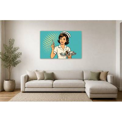 Obraz na plátně – Stylizovaná zdravotní sestra s lékařským tácem 135 × 90 cm