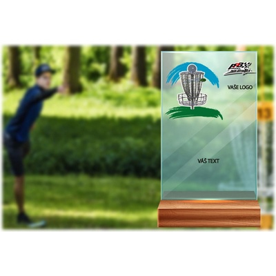 Skleněná trofej na dřevěném podstavci Diskgolf 17 cm