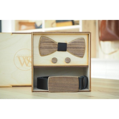 Wood Style Set Kulatý Ořech americký opasek motýlek a manžetové knoflíčky černá