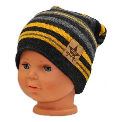 Baby Nellys prúžkovaná čiapka grafit/sivá/žltá
