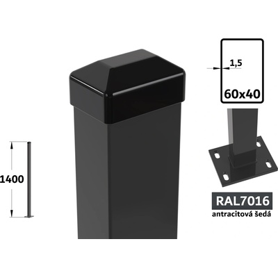 Plotový stĺpik 140 cm s pätkou, 60×40×1,5 mm, antracitová šedá