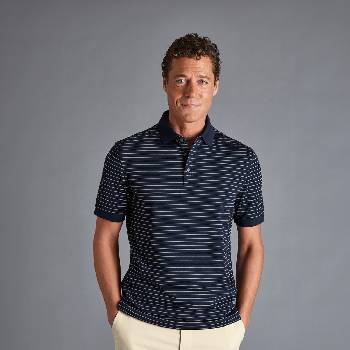 Charles Tyrwhitt Pique Polo - Navy/White Stripes - L Памучно поло на райета Тениски поло