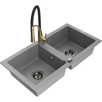 Mexen Mario гранитна мивка с 2 отделения и кухненски смесител Aster, сив - 6504-71-73450-57-B (6504-71-73450-57-B)