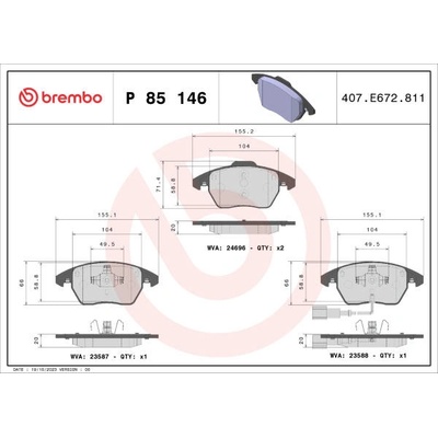 Sada brzdových destiček, kotoučová brzda BREMBO P 85 146