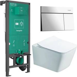 Rune Казанче за вграждане Hansgrohe iFrame 112 см с бутон iFrame Element E, гланциран хром, плюс бяла тоалетна чиния Rune Jord с капак softclose (01022180+66003000+5940541330394)