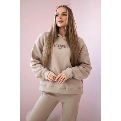 Insulated cotton set sweatshirt with embroidery + beige trousers krémová