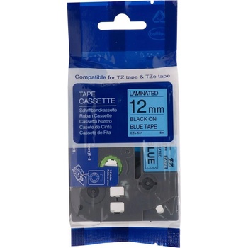 Pro Brother Broher TZe-R531 / TZ-R531, 12mm x 4m, черен печат / син фон, текстилна панделка, съвместима лента (TZER531)
