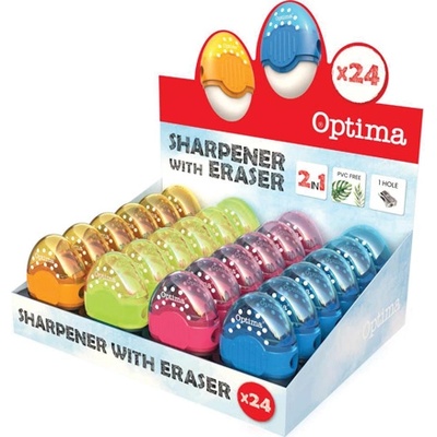 Optima Острилка с гумичка Optima Fluo, дисплей 24 броя (32909-А)