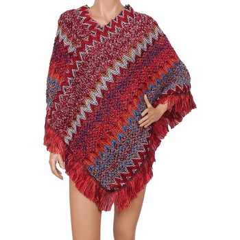 Image 1 of Червено плетено пончо с орнаменти и ресни