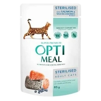 Optimeal Pouch Adult Cat Sterilized With Salmon And Blueberry in Jelly пауч за кастрирани котки със сьомга и боровинки 85gr