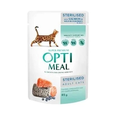 Optimeal Pouch Adult Cat Sterilized With Salmon And Blueberry in Jelly пауч за кастрирани котки със сьомга и боровинки 85gr