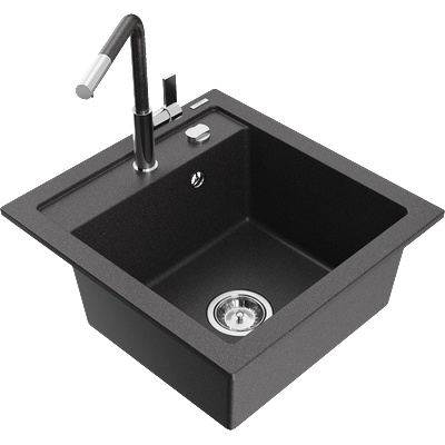 Mexen Vito гранитна мивка с 1 отделение с кухненски смесител Flora, черен на точки - 6503-76-670401-08 (6503-76-670401-08)
