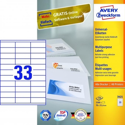 AVERY Zweckform univerzálne etikety, 70 x 25,4 mm - biele