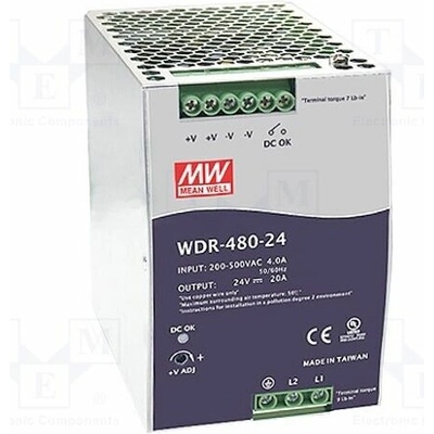 MEAN WELL WDR-480-24 Napájecí zdroj: spínaný; na lištu DIN; 480W; 24VDC; 20A; OUT: 1