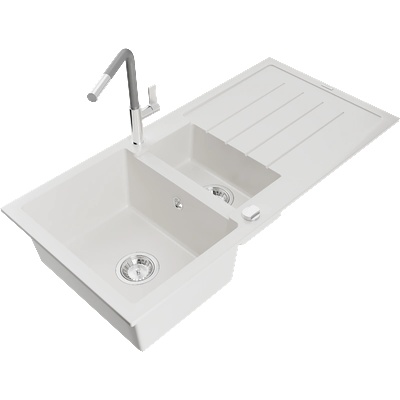 Mexen Andres гранитна мивка 1, 5-камерна с отцедник и кухненски смесител Flora, бял - 6515-20-670401-06 (6515-20-670401-06)