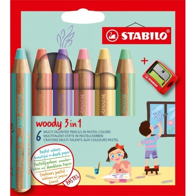 Stabilo Pastelky Woody 3in1, sada 6 ks v pouzdru s ořezávátkem – Zboží Mobilmania