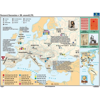 Cartographia Svetová literatúra v 20.storočí II. - mapa (160x120 cm), nástenná, fóliovaná, lištovaná