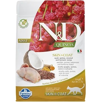 N&D Quinoa Skin & Coat Quail - храна за котки в зряла възраст с чувствителна кожа и козина с пъдпъдък; без зърно 0.300 кг