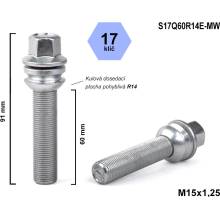 Kolový šroub M15x1,25x60 kulový R14, pohyblivá plocha, klíč 17, S17Q60R14E-MW, výška 91 mm