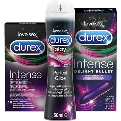 Sada Durex Intense kondomy 10 ks + lubrikační gel 50 ml + vibrátor Delight Bullet 1 ks