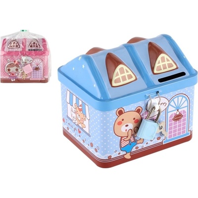 Teddies Pokladnička domeček plechová se zámkem 12x11cm