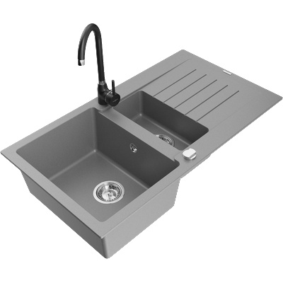 Mexen Matias гранитна мивка 1, 5-коморна с оцеждател и кухненски смесител Telma, сива - 6502-71-670200-70 (6502-71-670200-70)