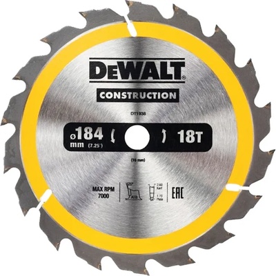 DEWALT Диск циркулярен HM за дърво ф184х16х2.6, 18z, DeWALT DT1938 (0951107)