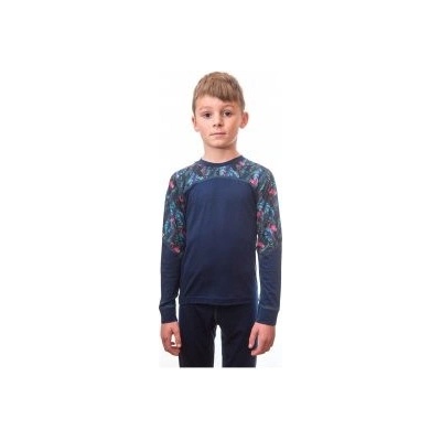 Sensor Merino Impress Set dětský triko dl.rukáv + spodky deep blue/floral modrá