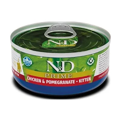 Farmina N&D Cat Prime Chicken & Pomegranate Kitten - Пълноценна храна за подрастващи котенца, бременни и кърмещи котки с пилешко филе, пилешко бутче и нар, 70 гр